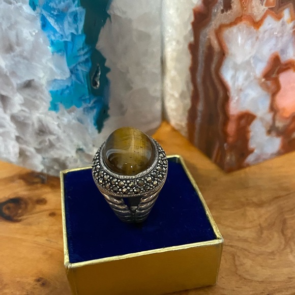 Vintage Tigers eye and Marcasite Ring Sterling Silver - Picture 3 of 7
